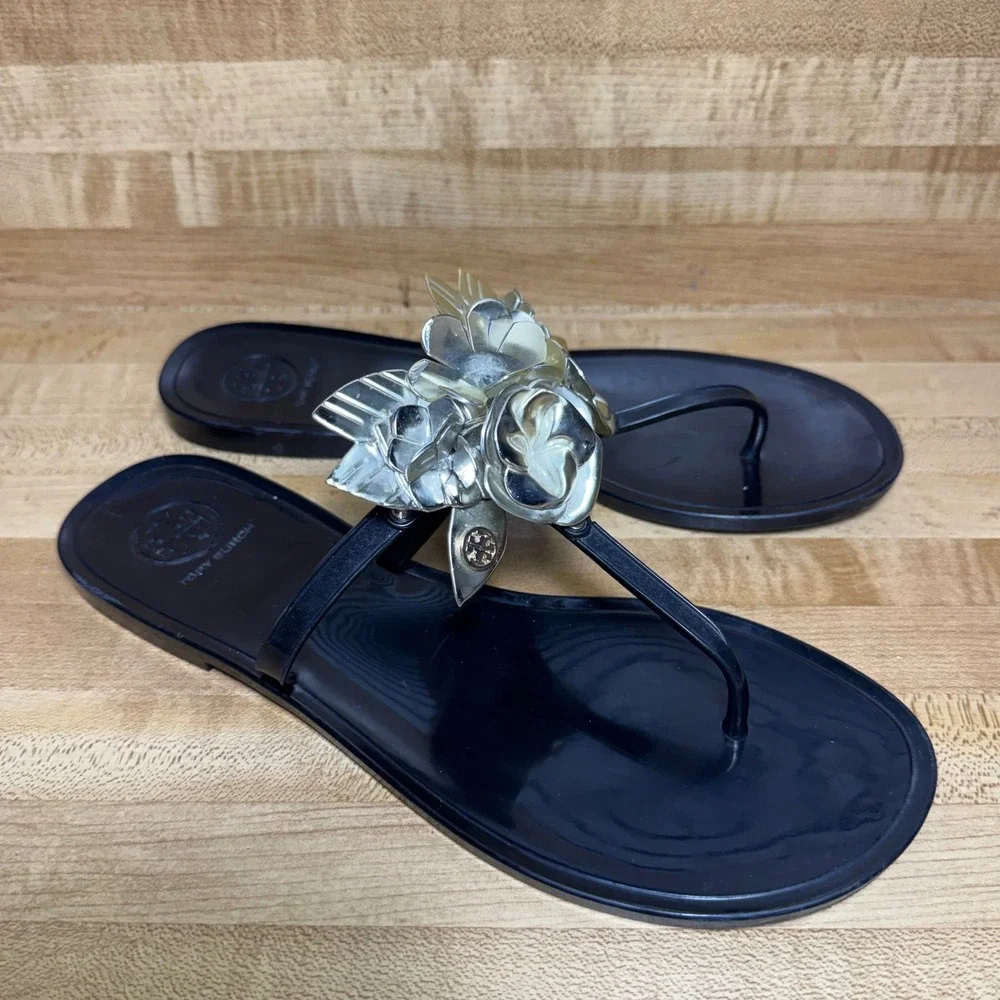 Tory Burch Black Jelly Thong Sandals blossom Floral Embellished Flat Shoes 8